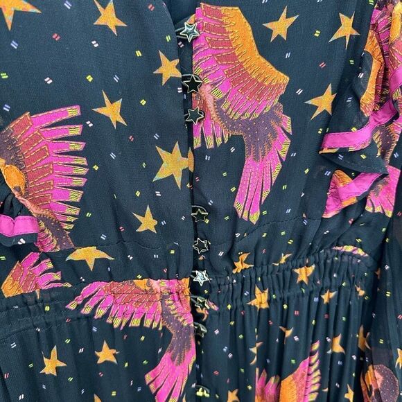 Farm Rio Women’s Black Pink Macaw Bird Orange Stars 3D Star Buttons Midi Dress - Picture 9 of 13